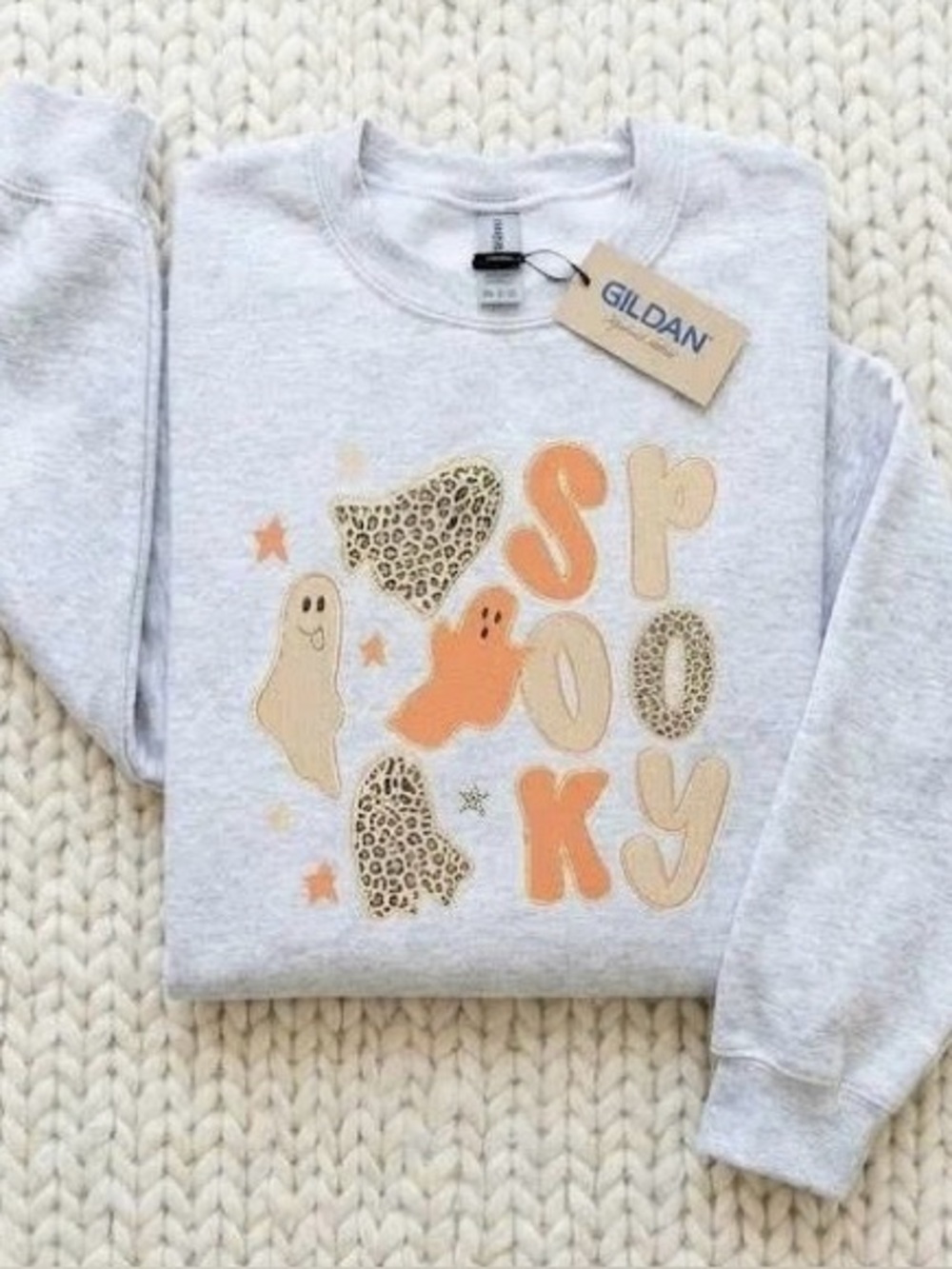 NWT Spooky Halloween Ghost Leopard Crewneck Sweatshirt Gray